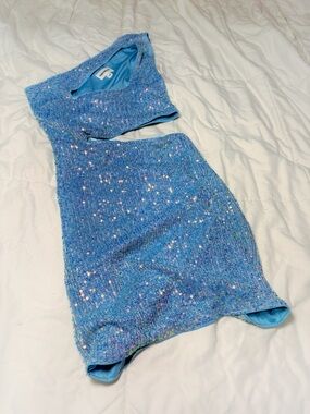 Blue Sequin Knit Cutout Dress